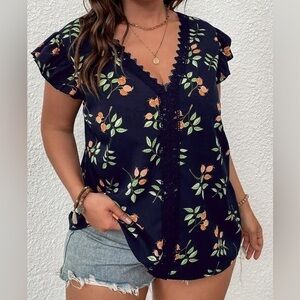 Women’s SKUE (SHEIN) Curve 0x Citrus Plant Navy  Flutter Sleeve Top 14 16